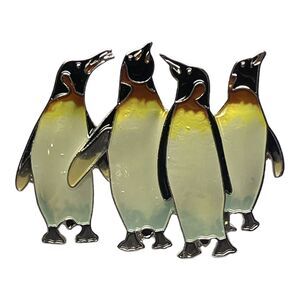 Zarah Group of Penguins Brooch Bird Pin Sterling Silver Plated Enamel Zarlite